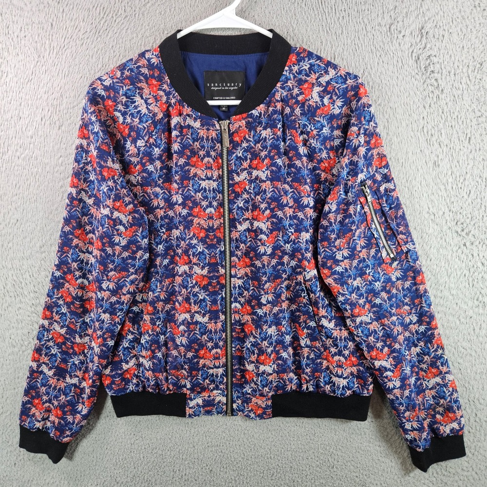 Sanctuary Womens Floral Bomber Jacket Blue Red Black Long Sleeve Zip Up Size M